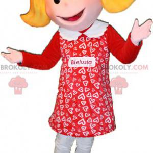 Mascot chica rubia vestida de rojo. Mascota de muñeca -