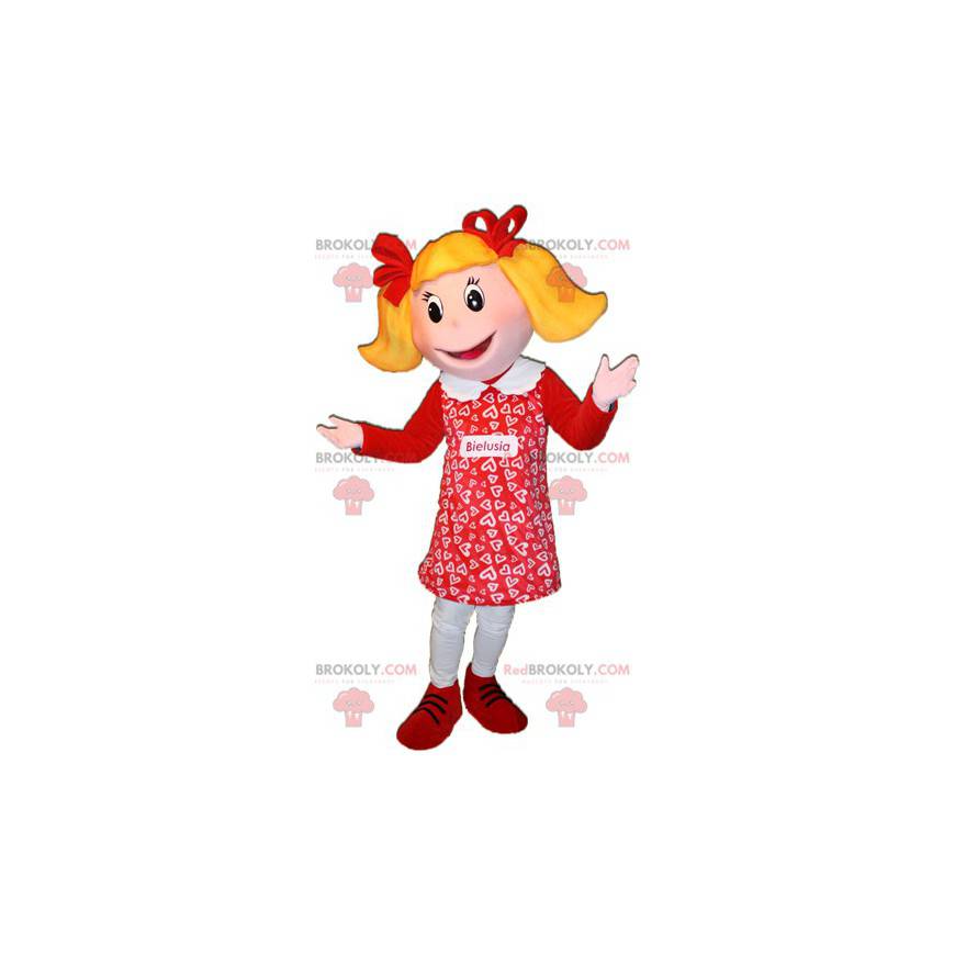 Mascot blonde girl dressed in red. Doll mascot - Redbrokoly.com