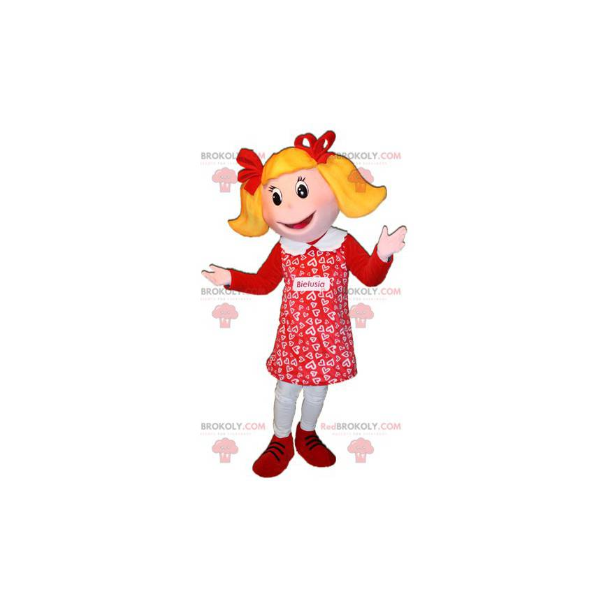 Maskottchen blondes Mädchen in rot gekleidet. Puppenmaskottchen
