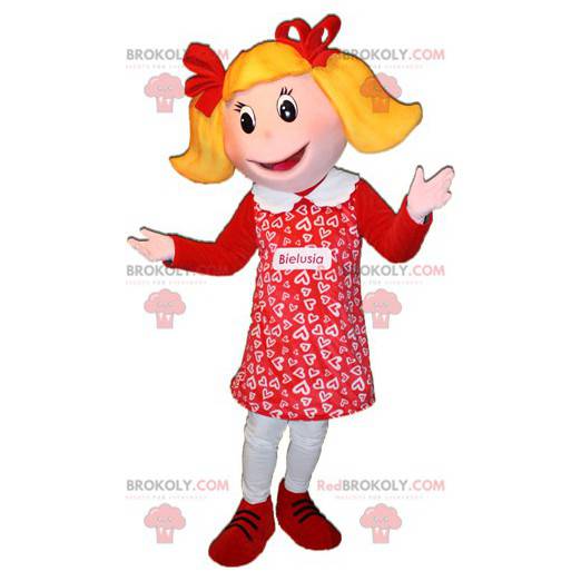 Mascotte ragazza bionda vestita di rosso. Mascotte della