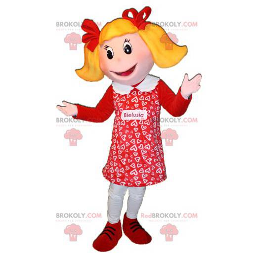 Maskotblond flicka klädd i rött. Dockmaskot - Redbrokoly.com
