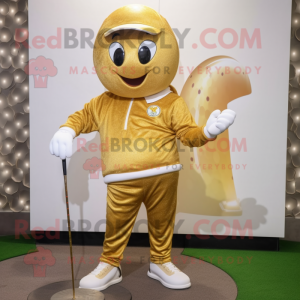 Gold Golf Ball mascot costume character dressed with a Sweatshirt and Cummerbunds