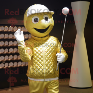 Gold Golf Ball mascot costume character dressed with a Sweatshirt and Cummerbunds