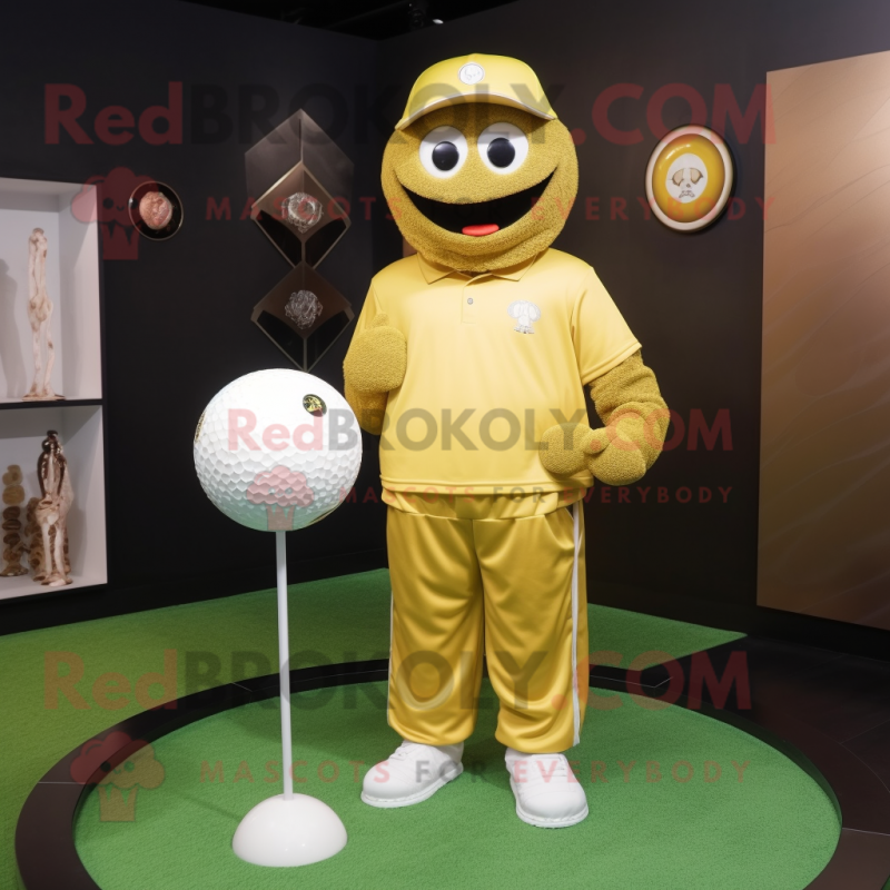 Gold Golf Ball mascot costume character dressed with a Sweatshirt and Cummerbunds