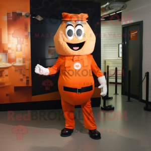 Orange Steak mascot costume character dressed with a Overalls and Tie pins