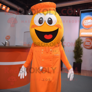 Orange Steak mascot costume character dressed with a Overalls and Tie pins