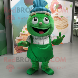 Forest Green Cupcake mascot costume character dressed with a Wrap Skirt and Suspenders