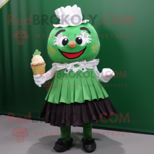 Forest Green Cupcake mascot costume character dressed with a Wrap Skirt and Suspenders