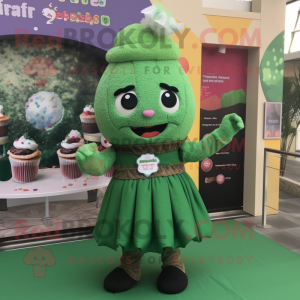 Forest Green Cupcake mascot costume character dressed with a Wrap Skirt and Suspenders