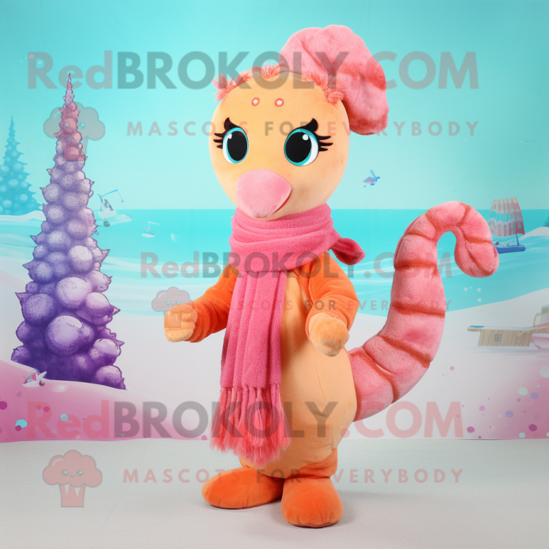 Peach Seahorse mascot costume character dressed with a Coat and Scarves