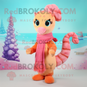 Peach Seahorse mascot costume character dressed with a Coat and Scarves