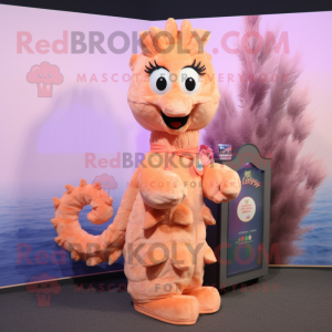 Peach Seahorse mascot costume character dressed with a Coat and Scarves