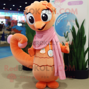 Peach Seahorse mascot costume character dressed with a Coat and Scarves