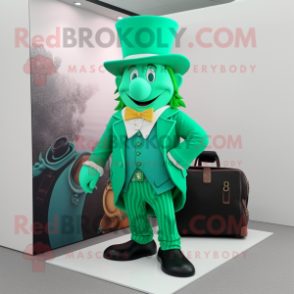 Cyan Leprechaun Hat mascot costume character dressed with a Blazer and Handbags