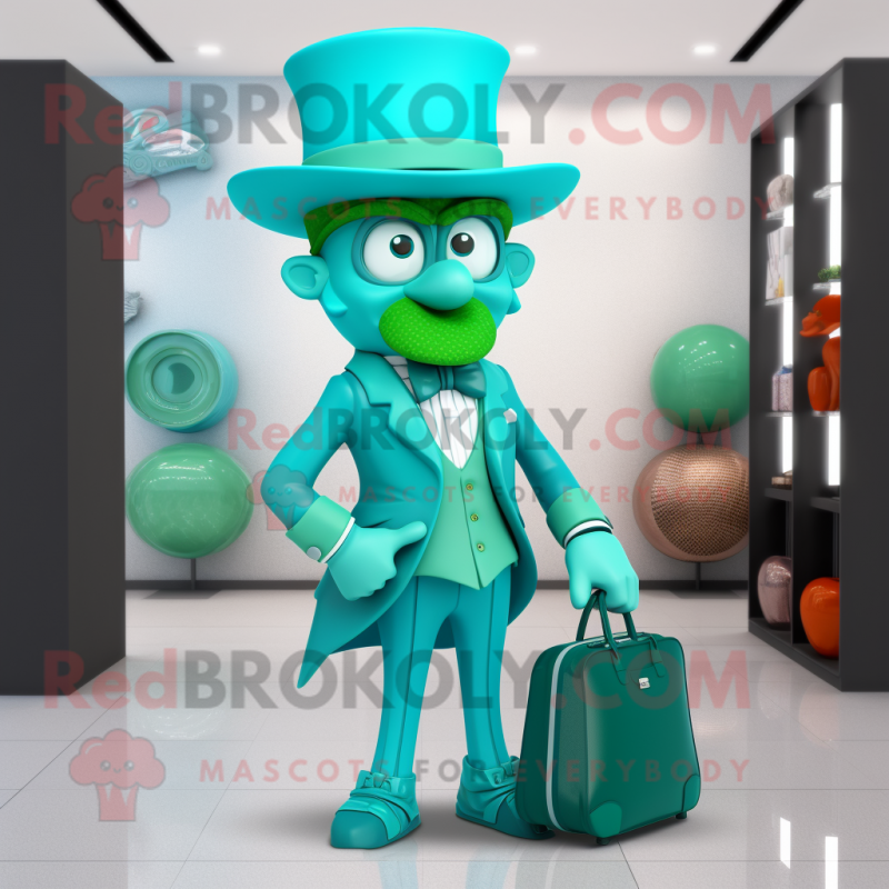 Cyan Leprechaun Hat mascot costume character dressed with a Blazer and Handbags Cyan Leprechaun Hat mascot costume character dressed with a Blazer and Handbags