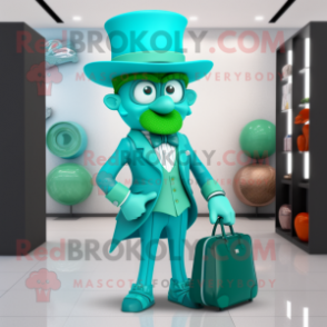 Cyan Leprechaun Hat mascot costume character dressed with a Blazer and Handbags