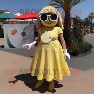 Tan Lemon mascot costume character dressed with a A-Line Dress and Sunglasses