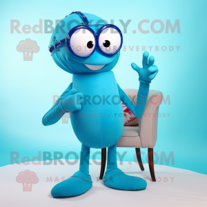 Cyan Lobster Bisque mascot costume character dressed with a Skinny Jeans and Reading glasses