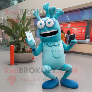 Cyan Lobster Bisque mascot costume character dressed with a Skinny Jeans and Reading glasses