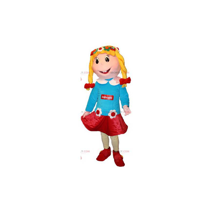 Blond meisje mascotte met een bloemrijke outfit - Redbrokoly.com