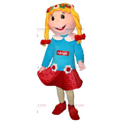 Blondes Mädchen des Maskottchens mit einem blumigen Outfit -