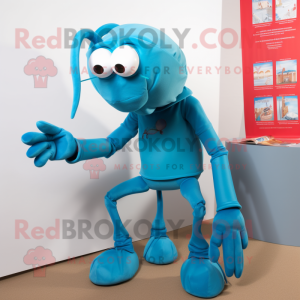 Cyan Lobster Bisque mascot costume character dressed with a Skinny Jeans and Reading glasses