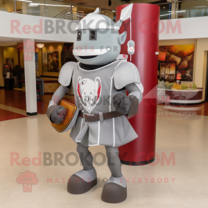 Gray Medieval Knight mascot costume character dressed with a Joggers and Messenger bags