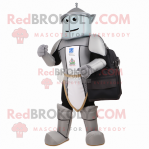 Gray Medieval Knight mascot costume character dressed with a Joggers and Messenger bags