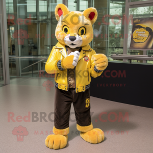Lemon Yellow Bobcat mascot costume character dressed with a Leather Jacket and Lapel pins