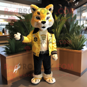 Lemon Yellow Bobcat mascot costume character dressed with a Leather Jacket and Lapel pins