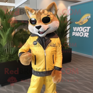 Lemon Yellow Bobcat mascot costume character dressed with a Leather Jacket and Lapel pins