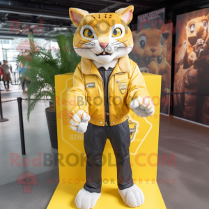 Lemon Yellow Bobcat mascot costume character dressed with a Leather Jacket and Lapel pins