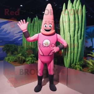 Pink Asparagus mascot costume character dressed with a Rash Guard and Rings