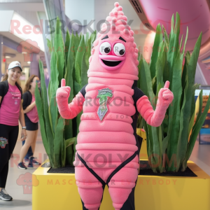 Pink Asparagus mascot costume character dressed with a Rash Guard and Rings