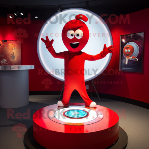 Red Plate Spinner mascot costume character dressed with a T-Shirt and Bracelets