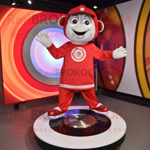 Red Plate Spinner mascot costume character dressed with a T-Shirt and Bracelets