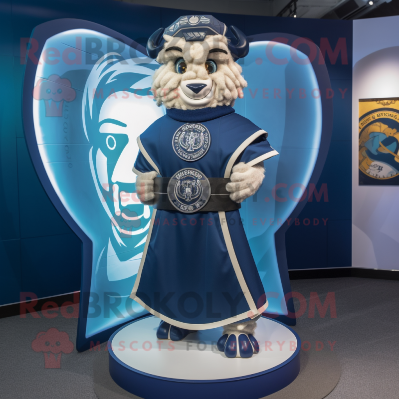 Navy Celtic Shield mascot costume character dressed with a A-Line Dress and Wraps Navy Celtic Shield mascot costume character dressed with a A-Line Dress and Wraps