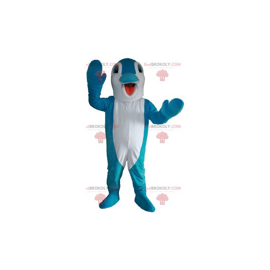 Mascotte de dauphin bleu et blanc. Mascotte de poisson -