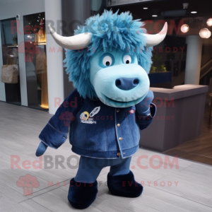 Blue Yak mascot costume character dressed with a Jeans and Pocket squares