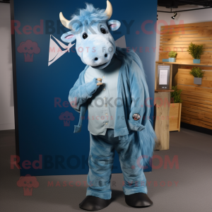Blue Yak mascot costume character dressed with a Jeans and Pocket squares