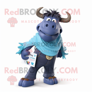 Blue Yak mascot costume character dressed with a Jeans and Pocket squares