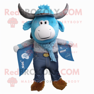 Blue Yak mascot costume character dressed with a Jeans and Pocket squares