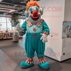 Turquoise Clown mascot costume character dressed with a Overalls and Clutch bags