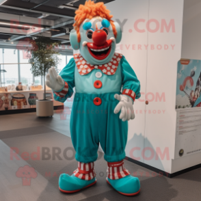 Turquoise Clown mascot costume character dressed with a Overalls and Clutch bags