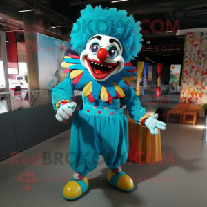 Turquoise Clown mascot costume character dressed with a Overalls and Clutch bags