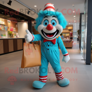 Turquoise Clown mascot costume character dressed with a Overalls and Clutch bags