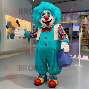 Turquoise Clown mascot costume character dressed with a Overalls and Clutch bags