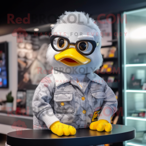 Silver Duck mascot costume character dressed with a Sweater and Eyeglasses