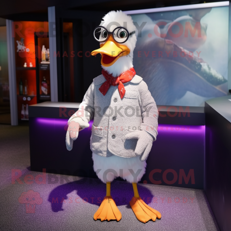 Silver Duck mascot costume character dressed with a Sweater and Eyeglasses Silver Duck mascot costume character dressed with a Sweater and Eyeglasses