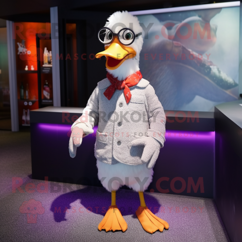 Silver Duck mascot costume character dressed with a Sweater and Eyeglasses